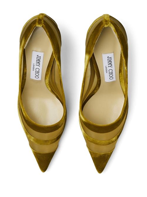 Love 85- Décolleté in citrine yellow and gold flocked mesh with stripes Jimmy Choo | LOVE85FSKCITRINE/GOLD